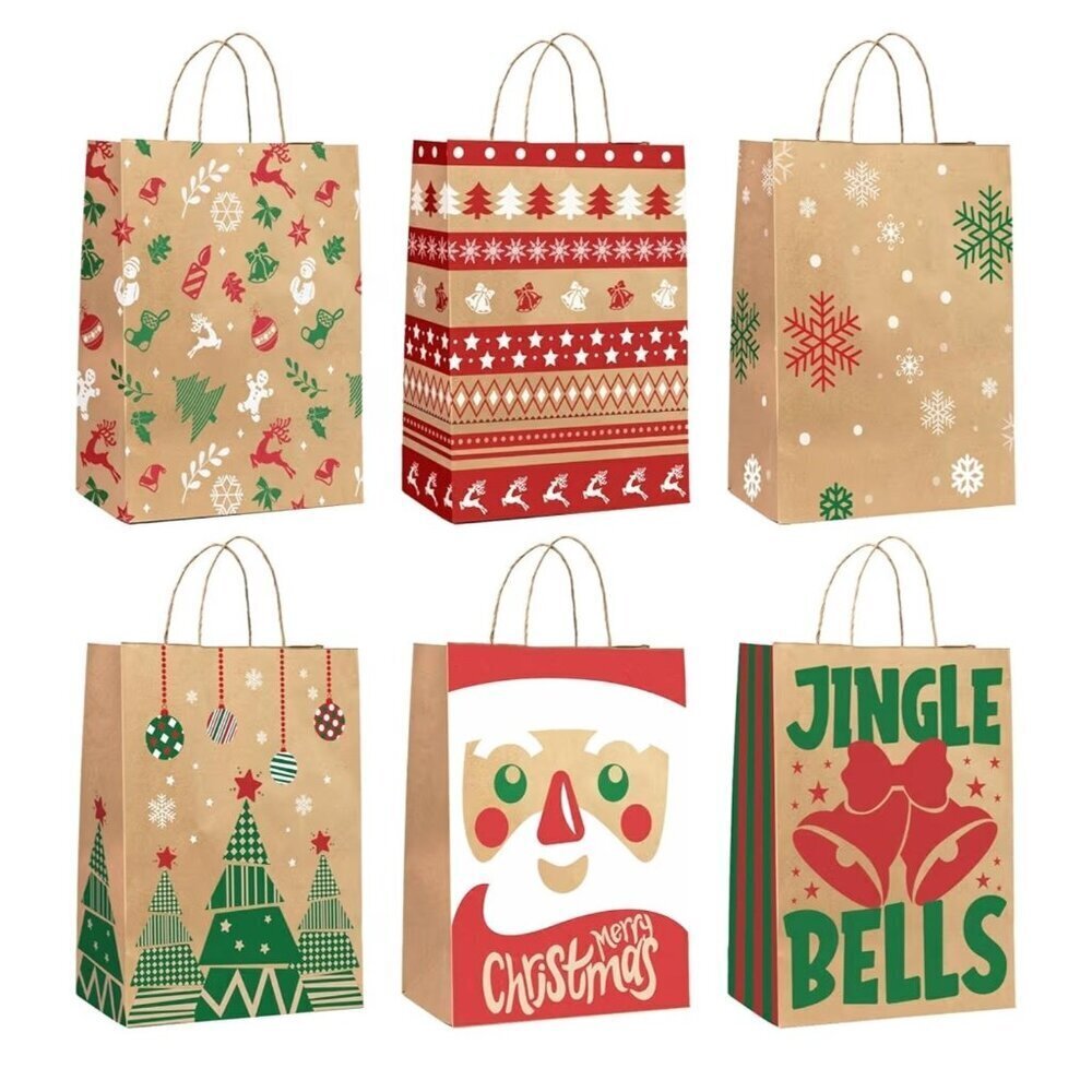 24‎ Pack Christmas Gift Bags With Handles Kraft Paper 6 Holiday Designs